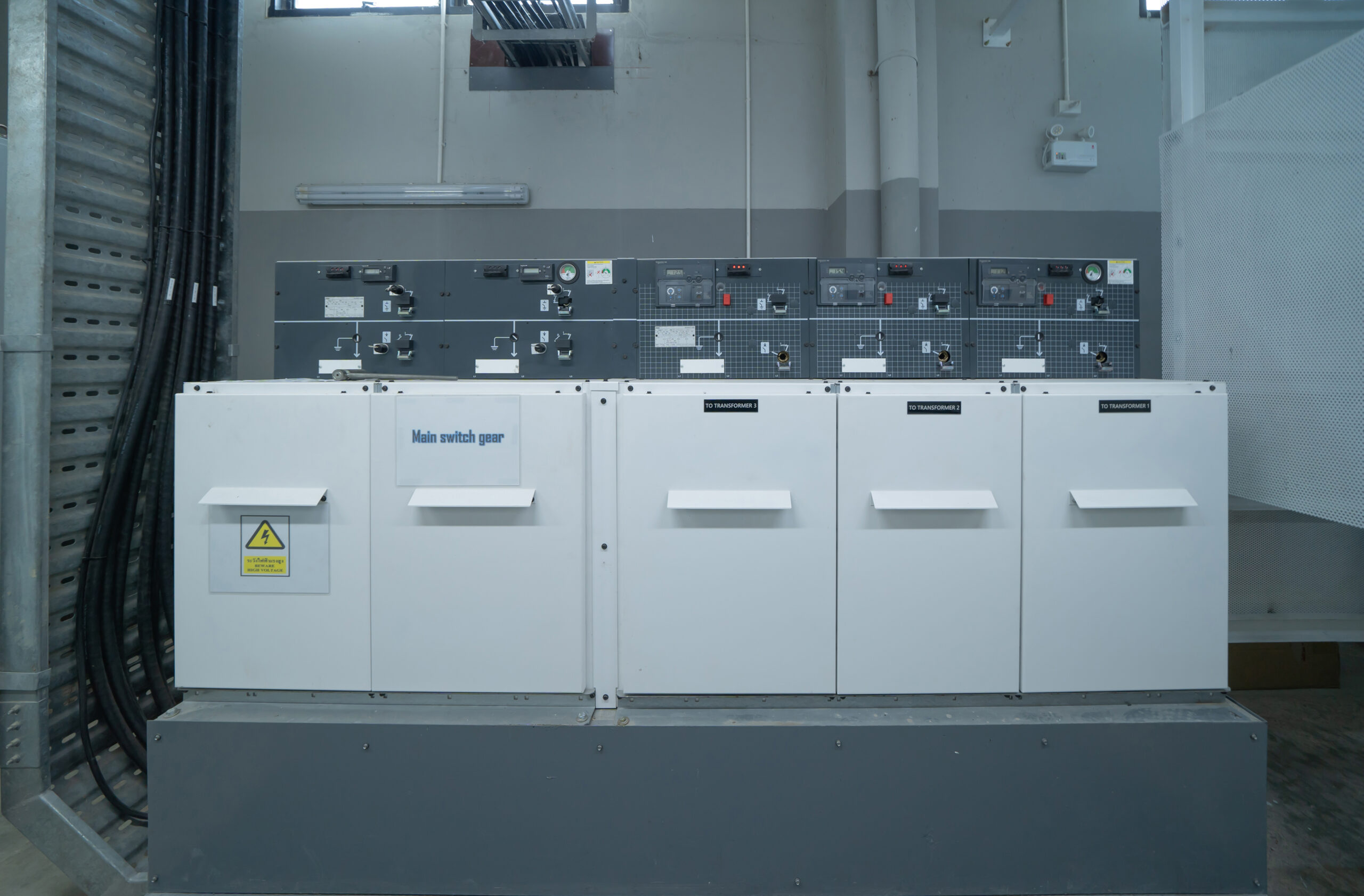 Industrial electrical switch panel and power equipment for a commercial solar upgrade.